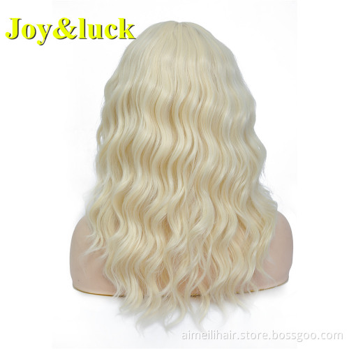 18inch Medium Length Wholesale Pink Color Women's Wig With Bangs Finger Wave Natural Water Wave Cosplay Costume Synthetic Wigs